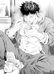  1boy abs absurdres bara bare_pectorals blush chopsticks eating food greyscale highres holding holding_chopsticks hood hood_down hooded_jacket jacket large_pectorals looking_at_viewer male_focus monochrome muscular muscular_male navel nipples noodles open_clothes open_jacket original pants pectorals short_hair sitting sny_yrd67 solo 