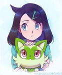  artist_name blue_eyes blue_hair closed_mouth confused corsolanite hair_ornament hairpin jacket liko_(pokemon) long_hair long_sleeves looking_at_another looking_to_the_side pokemon pokemon_(anime) pokemon_(creature) pokemon_horizons red_eyes simple_background sprigatito upper_body white_background 