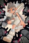  1boy agent_8_(splatoon) battering_lento black_background bodysuit boots brown_hair commentary_request copyright_name dated earrings fish fish_skeleton full_body glint glowing glowing_eyes gradient_hair grey_eyes grey_hair highres holding holding_sword holding_weapon hoop_earrings ink_tank_(splatoon) jelleton jewelry looking_at_viewer male_focus marching_andante mohawk multicolored_hair nbiqk6 octoling octoling_boy octoling_player_character parted_lips red_eyes short_hair signature sleeveless sleeveless_bodysuit socks splatana_stamper_(splatoon) splatoon_(series) splatoon_3 splatoon_3:_side_order standing standing_on_one_leg swarming_languendo sword tentacle_hair thick_eyebrows two-tone_background two-tone_hair v-shaped_eyebrows weapon white_background white_bodysuit white_footwear white_socks 