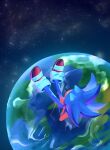  1boy absurdres animal_ears animal_nose arms_behind_head commentary earth_(planet) floating from_above furry furry_male highres male_focus planet red_footwear shoes solo sonic_(series) space symbol-only_commentary tail yangfaa_sonic 