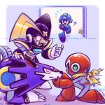  3boys android bass_(mega_man) blue_eyes fangs highres laser-lance looking_at_another mega_man_(character) mega_man_(classic) mega_man_(series) met_(mega_man) multiple_boys open_mouth proto_man red_eyes scarf teeth treble_(mega_man) upper_teeth_only yellow_scarf 