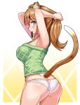  1girl animal_ears aqua_eyes armpits arms_up ass brown_hair camisole cat_ears cat_girl cat_tail closed_mouth commentary cougar_(cougar1404) cowboy_shot crotch_seam from_behind green_camisole hair_tie_in_mouth hands_in_hair looking_at_viewer looking_back medium_hair megu_(cougar1404) mouth_hold original panties print_camisole smile solo standing tail underwear underwear_only white_panties 