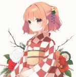  1girl bell branch checkered_clothes checkered_kimono closed_mouth commentary_request flower hair_bell hair_ornament japanese_clothes jingle_bell kimono long_sleeves motoori_kosuzu obi orange_eyes orange_hair red_flower red_kimono sash sen1986 simple_background smile solo touhou white_background white_flower white_kimono wide_sleeves yellow_sash 