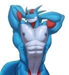 abs anthro areola biceps biped blue_areola blue_body blue_nipples blue_spikes blue_tail digital_media_(artwork) green_eyes hands_behind_head hi_res looking_at_viewer male markings matchykiwaii mouth_closed muscular muscular_anthro muscular_male navel nipples nude pecs pupils red_markings simple_background slit_pupils solo spikes spikes_(anatomy) standing tail triceps white_background white_body