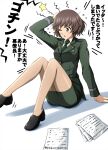  1girl aged_up akiyama_yukari black_footwear black_necktie blazer blush brown_eyes brown_hair commentary dress_shirt fallen_down flying_sweatdrops frown girls_und_panzer green_jacket green_skirt hand_on_own_head highres jacket japan_ground_self-defense_force japan_self-defense_force long_sleeves messy_hair military miniskirt motion_lines necktie omachi_(slabco) one_eye_closed open_mouth paper pencil_skirt shadow sheer_pantyhose shirt shoes short_hair shout_lines simple_background sitting skirt solo star_(symbol) translated white_background white_shirt wing_collar 