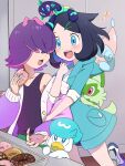  2girls :d black_hair cardigan coat commentary_request dot_(pokemon) doughnut eyelashes food green_coat hair_ornament hairclip hatenna highres hood_basket indoors liko_(pokemon) marie_(marie_cookie222) multiple_girls off_shoulder open_mouth pokemon pokemon_(anime) pokemon_(creature) pokemon_horizons purple_cardigan purple_hair quaxly shirt smile sprigatito tank_top teeth terapagos tongue upper_teeth_only white_shirt 