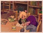  1boy 1other 2girls annoying_dog antlers blonde_hair book bookshelf brown_hair chair deltarune furry green_shirt green_sweater_vest highres holding holding_pencil homework horns indoors kris_(deltarune) ladder long_hair long_sleeves multiple_girls noelle_holiday pencil pencil_case purple_hair ralsei rechain shirt sitting susie_(deltarune) sweater_vest 