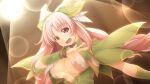 1girl atelier-moo braid breasts cleavage curtained_hair dancing dress hair_ornament hair_ribbon highres idol large_breasts long_hair nina_lazydaisy open_mouth pink_eyes pink_hair ribbon smile solo spotlight twin_braids upper_body wizards_symphony 
