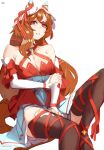  1girl bare_shoulders black_thighhighs breasts character_name cleavage commentary_request detached_sleeves dress grin halterneck highres leg_ribbon long_hair long_sleeves looking_at_viewer orange_hair red_dress red_eyes red_ribbon ribbon sitting smile solo thighhighs uki_kumo umamusume very_long_hair white_headwear 