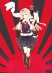  asaki_benio black_legwear black_ribbon black_skirt blonde_hair hair_ribbon highres kantai_collection long_hair looking_at_viewer pleated_skirt red_eyes remodel_(kantai_collection) ribbon school_uniform skirt socks solo tongue tongue_out yuudachi_(kantai_collection) 