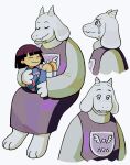  1girl 1other animal_ears brown_hair child closed_eyes closed_mouth crying crying_with_eyes_open dress frisk_(undertale) furry furry_female goat_ears goat_girl goat_horns highres horns multiple_views mutie_(timestables) purple_dress short_hair simple_background sitting sitting_on_lap sitting_on_person smile tears toriel undertale white_background 