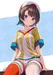  1girl backwards_hat baseball_cap blue_background blue_eyes blush brown_hair hat highres hololive looking_at_viewer oozora_subaru oozora_subaru_(1st_costume) shirt short_hair short_sleeves shorts sitting smile solo striped_clothes striped_shirt swept_bangs thighhighs tooo88 vertical-striped_clothes vertical-striped_shirt virtual_youtuber 