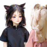  2girls animal_ears black_shirt blonde_hair blue_eyes brown_hair cat_ears cat_girl closed_mouth co_ti_(sweetonedollar) corrupted_twitter_file extra_ears highres long_hair looking_at_another medium_hair multiple_girls original parted_hair photo-referenced pink_shirt pussy_willow_(sweetonedollar) shirt short_sleeves simple_background sweetonedollar upper_body white_background zipper_pull_tab 