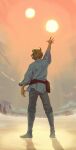  1boy arm_up belt blonde_hair boots brown_belt cloud commentary day full_body grey_footwear grey_pants highres long_sleeves luke_skywalker male_focus orange_sky outdoors pants pocket rock sand shadow shirt short_hair sky solo standing star_wars star_wars:_a_new_hope sun white_shirt wide_sleeves 