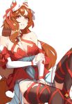  1girl bare_shoulders black_thighhighs breasts character_name cleavage commentary_request detached_sleeves dress grin halterneck highres leg_ribbon long_hair long_sleeves looking_at_viewer orange_hair red_dress red_eyes red_ribbon revision ribbon sitting smile solo still_in_love_(umamusume) thighhighs uki_kumo umamusume very_long_hair white_headwear 