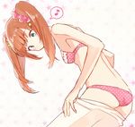  akk1 blue_eyes bra brown_hair eighth_note hair_ornament hair_scrunchie idolmaster idolmaster_side-m male_focus mizushima_saki musical_note otoko_no_ko panties polka_dot polka_dot_bra polka_dot_panties scrunchie solo spoken_musical_note twintails underwear undressing 