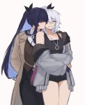  2girls ^_^ black_tank_top blue_hair closed_eyes coat commentary cowboy_shot grey_coat grey_jacket grin hair_between_eyes highres honkai_(series) honkai_impact_3rd jacket jewelry kiana_kaslana kiss long_hair long_sleeves multiple_girls off_shoulder open_clothes open_coat pendant raiden_mei single_bare_shoulder smile standing tank_top thighs very_long_hair weeiskaw white_hair yuri 