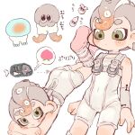  1boy agent_8_(splatoon) ass bodysuit brown_hair closed_mouth commentary_request covered_navel food fruit gradient_hair green_eyes grey_hair highres jelleton jellyfish_(splatoon) lying male_focus mei_tyan_n mohawk multicolored_hair multiple_views octoling_boy octoling_player_character octopus on_stomach pants peach short_hair simple_background sleeveless sleeveless_bodysuit smile splatoon_(series) splatoon_3 splatoon_3:_side_order spoken_expression tentacle_hair thick_eyebrows translation_request two-tone_hair white_background white_bodysuit white_pants 