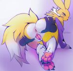 angiewolf anthro anus bandai_namco black_sclera blue_eyes canid canine canis digimon digimon_(species) disembodied_hand female fingers fur genitals hi_res mammal nude pussy renamon simple_background smile solo spread_anus spread_pussy spreading tail white_body white_fur yellow_body yellow_fur