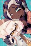  2girls aqua_background aqua_eyes black_gloves black_hair blush breasts cephalopod_eyes cleavage closed_mouth commentary crown dark-skinned_female dark_skin fang fingerless_gloves furrowed_brow gloves grid_background headphones highres inkling jacket long_hair looking_at_viewer marina_(splatoon) medium_hair mole mole_under_mouth multiple_girls octoling open_clothes open_jacket open_mouth orange_suit pearl_(splatoon) pink_hair print_jacket purple_hair red_pupils sahata_saba skin_fang smile splatoon_(series) splatoon_3 splatoon_3:_side_order star-shaped_pupils star_(symbol) sunglasses symbol-shaped_pupils tentacle_hair thick_eyebrows upper_body white_hair white_jacket yellow_eyes yellow_headwear 