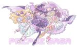  3girls :d adapted_costume blonde_hair blue_bow blue_eyes bow brown_hair cape dress frilled_dress frills full_body hair_bow hands_on_own_cheeks hands_on_own_face hands_up hat holding holding_sword holding_weapon idol_clothes idol_time_pripara kurosu_aroma long_hair looking_at_viewer manaka_laala mikannu multiple_girls open_mouth pink_bow pointing pointing_at_viewer pretty_series pripara pripara_pripuz puffy_short_sleeves puffy_sleeves purple_cape purple_dress purple_eyes purple_hair purple_headwear rice_cooker ringlets short_sleeves smile song_name standing star_(symbol) sword takki_(pripara) twintails two_side_up very_long_hair weapon white_background white_dress witch_hat yumekawa_yui 