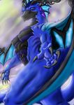  5_fingers anthro athletic beak blue_body blue_eyes breasts claws dragon female frill gradient_background horn muze-meister scales scalie simple_background solo watermark wings 