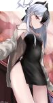  1girl black_choker black_hair black_horns blue_archive breasts choker closed_mouth collarbone cowboy_shot demon_horns grey_hair grey_halo grey_jacket hair_between_eyes halo highres horns jacket kayoko_(blue_archive) kayoko_(dress)_(blue_archive) kie_(yospcd) long_hair long_sleeves multicolored_hair official_alternate_costume open_clothes open_jacket red_eyes small_breasts solo 