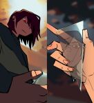  1other animated animated_gif brown_hair closed_mouth deltarune glass_shards highres holding_glass_shard kris_(deltarune) medium_hair mutie_(timestables) other_focus red_eyes reflection solo split_screen upper_body 