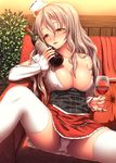  alcohol areola_slip areolae blush bottle bottle_to_cheek breasts brown_eyes couch cup cushion drinking_glass drunk grey_hair hat highres kantai_collection large_breasts long_hair mini_hat nazu-na panties pantyshot pantyshot_(sitting) pola_(kantai_collection) sitting skirt solo spread_legs thighhighs underwear wavy_hair white_legwear wine wine_bottle wine_glass 