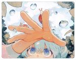  1girl animal_on_hand blue_eyes blue_hair border close-up cloud commentary day dilated_pupils hair_between_eyes hair_bun hand_focus hand_up highres ka_(marukogedago) long_sleeves mouth_out_of_frame original outdoors pink_shirt shirt snail solo tree water_drop white_border 