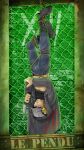  abs cellphone coat cross-laced_footwear denim facial_hair flip_phone french_text green_background grey_coat grey_headwear headphones highres iwai_munehisa jeans pants persona persona_5 phone radx26 restrained roman_numeral rope signature tarot the_hanged_man_(tarot) translated upside-down web_address 
