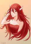  1girl absurdres bare_shoulders breasts cleavage commission cordelia_(fire_emblem) corsage dress fire_emblem fire_emblem_awakening flower hair_between_eyes hair_flowing_over hair_ornament hand_on_own_head highres long_hair looking_at_viewer red_eyes red_hair ribbon signature small_breasts smile solo strapless strapless_dress tamafry very_long_hair 