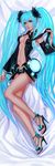  arm_at_side artist_name bare_shoulders bed_sheet black_footwear black_neckwear blue_eyes blue_hair center_opening closed_mouth dakimakura detached_sleeves from_above full_body glowing gradient_hair hatsune_miku high_heels highres holding long_hair long_sleeves looking_at_viewer looking_up lying multicolored_hair myme1 navel navel_piercing necktie no_legwear on_back piercing pink_hair pink_lips shoes smile solo stomach toenails toes twintails very_long_hair vocaloid wide_sleeves wing_collar 