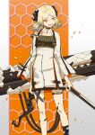  1girl arknights blonde_hair commentary demon_girl demon_horns demon_tail dress feet_out_of_frame flamethrower gradient_background grey_background highres holding holding_weapon horns id_card ifrit_(arknights) long_sleeves looking_to_the_side open_mouth orange_background orange_eyes oripathy_lesion_(arknights) pillarboxed shimizu_kazunari short_hair short_twintails simple_background smile solo tail thigh_strap twintails twitter_username weapon white_dress 