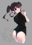  ass black_shirt blue_panties blush bongk brown_hair burger dearsqn eating facing_away food grey_background looking_at_viewer looking_back mole mole_on_ass panties red_eyes shirt twintails underwear 