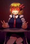  anchors_(mono_eye_os) ascot black_vest blonde_hair fangs hair_ribbon highres non-web_source red_eyes ribbon rumia short_hair smile table touhou vest 