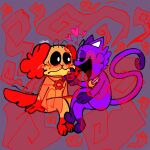  &lt;3 anthro blush canid canine canis catnap_(poppy_playtime) criswaff dogday_(poppy_playtime) domestic_cat domestic_dog duo eye_contact felid feline felis hi_res jewelry looking_at_another male mammal necklace open_mouth poppy_playtime red_smoke simple_background sitting smiling_critters smoke 