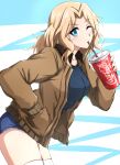  1girl black_shirt blonde_hair blue_eyes blue_shirt blue_shorts brown_jacket coca-cola commentary cup cutoffs denim denim_shorts disposable_cup drinking girls_und_panzer hair_intakes hand_in_pocket highres holding holding_cup jacket kay_(girls_und_panzer) leaning_forward logo long_sleeves looking_at_viewer medium_hair military_uniform omachi_(slabco) one_eye_closed open_clothes open_jacket product_placement saunders_military_uniform shirt short_shorts shorts solo standing thighhighs uniform white_thighhighs 