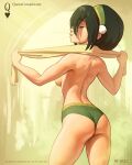  1girl artist_name ass avatar:_the_last_airbender avatar_legends black_hair breasts commentary cowboy_shot drying drying_body english_commentary english_text from_behind furrowed_brow green_hairband green_panties hair_bun hairband hands_up looking_at_viewer looking_back medium_breasts panties parted_lips queen_complex short_hair single_hair_bun solo standing thighs toph_bei_fong topless towel underwear web_address yellow_background 
