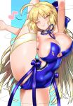  1girl absurdres ahoge alternate_breast_size arm_up artoria_caster_(fate) artoria_caster_(swimsuit)_(fate) artoria_caster_(swimsuit)_(third_ascension)_(fate) artoria_pendragon_(fate) bare_shoulders blonde_hair blue_one-piece_swimsuit blue_ribbon blush bow breasts cleavage closed_eyes covered_navel ebora facial_mark fate/grand_order fate_(series) forehead_mark hair_bow highleg highleg_swimsuit highres large_breasts leg_lift leg_up long_hair musical_note one-piece_swimsuit parted_bangs ribbon smile solo swimsuit thighs twintails very_long_hair 