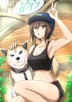  1girl arm_up armpits baseball_cap black_shorts black_tank_top blue_headwear blush breasts brown_eyes brown_hair cleavage commentary crop_top day dog girls_und_panzer hat highres knee_up large_breasts looking_at_viewer medium_breasts midriff navel nishizumi_maho omachi_(slabco) open_mouth outdoors petting short_hair short_shorts shorts sportswear squatting stomach tank_top v 