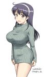  1girl ahoge black_hair breasts brown_eyes cowboy_shot embarrassed green_sweater hairband highres kantai_collection kishi_nisen large_breasts long_hair long_sleeves naked_sweater open_mouth ribbed_sweater solo standing sweater ushio_(kancolle) white_hairband 