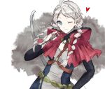  ahoge arrow_(projectile) belt black_bridal_gauntlets blue_eyes bow_(weapon) braid bridal_gauntlets capelet closed_mouth dated fire_emblem fire_emblem_fates hairband happy_birthday harness heart holding holding_arrow holding_bow_(weapon) holding_weapon hood hooded_capelet low_twin_braids mugimugi_xeno nina_(fire_emblem) o-ring o-ring_harness one_eye_closed parted_bangs red_hood twin_braids weapon white_hairband 
