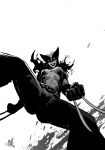  1girl animification ass black_hair bodysuit claw_(weapon) claws gloves kjlbs long_hair marvel mask monochrome solo superhero weapon x-23 x-men 