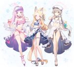  3girls ainy alternate_costume alternate_hairstyle angel_wings animal animal_ear_fluff animal_ears beret bikini bird blonde_hair blue_archive blue_bikini blush bottle braid breasts brown_eyes brown_hair cleavage closed_mouth collarbone detached_collar extra_ears fox_ears full_body grin halo hat holding holding_bottle long_braid long_hair looking_at_viewer medium_breasts mika_(blue_archive) multiple_girls nagisa_(blue_archive) open_mouth parfait pink_hair ponytail ramune sandals seia_(blue_archive) smile swimsuit tea_party_(blue_archive) toes tray twin_braids twitter_username visor_cap white_bird wings yellow_eyes yellow_halo 