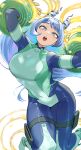  1girl absurdres blue_bodysuit blue_eyes blue_hair bodysuit boku_no_hero_academia breasts bright_pupils commentary commentary_request drill_hair fengling_(furin-jp) gloves green_bodysuit hadou_nejire highres long_hair looking_at_viewer multicolored_bodysuit multicolored_clothes open_mouth simple_background skin_tight solo superhero very_long_hair white_background white_pupils 
