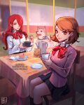  2girls absurdres alina_l artist_name black_skirt bow bowtie brown_bag brown_eyes brown_hair buttons cake choker closed_mouth cup dog english_commentary eyelashes food grey_fur hair_over_one_eye highres holding holding_cup holding_spoon indoors kirijou_mitsuru koromaru_(persona) long_hair looking_at_viewer medium_hair multiple_girls on_chair persona persona_3 pink_shirt plate red_bow red_bowtie red_eyes red_hair sharp_teeth shirt sitting skirt smile spoon takeba_yukari teacup teapot teeth tongue tongue_out watermark white_choker 