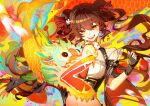  1girl black_gloves blush bow brown_hair double_bun dragon eastern_dragon fingerless_gloves girls&#039;_frontline girls&#039;_frontline_neural_cloud gloves gwendolynstore hair_bow hair_bun highres jiangyu_(neural_cloud) long_hair multicolored_background multiple_hairpins open_mouth red_bow red_eyes smile twintails type_97_(girls&#039;_frontline) upper_body 