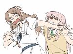  2girls alternate_eye_color bang_dream! bang_dream!_it&#039;s_mygo!!!!! biting_arm blue_ribbon brown_hair chihaya_anon chinese_commentary commentary_request green_necktie hand_on_another&#039;s_arm hand_on_another&#039;s_head long_hair multiple_girls nagasaki_soyo neck_ribbon necktie open_mouth pink_hair red_eyes ribbon sailor_collar school_uniform serafuku shirt short_sleeves shouting simple_background sweater_vest upper_body v-shaped_eyebrows white_background white_sailor_collar white_shirt yanlingjinshilihuahua yellow_sweater_vest 