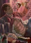  1boy abs belt black_belt black_pants brown_hair closed_mouth coooga frilled_shirt frills glasses highres holding indoors jewelry killing_stalking large_pectorals lying male_focus muscular muscular_male navel oh_sangwoo on_side open_clothes open_shirt pants pectorals red_shirt ring shirt short_hair solo 